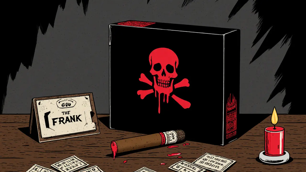 Black Monster Series cigar box with red skull emblem on a wooden table.