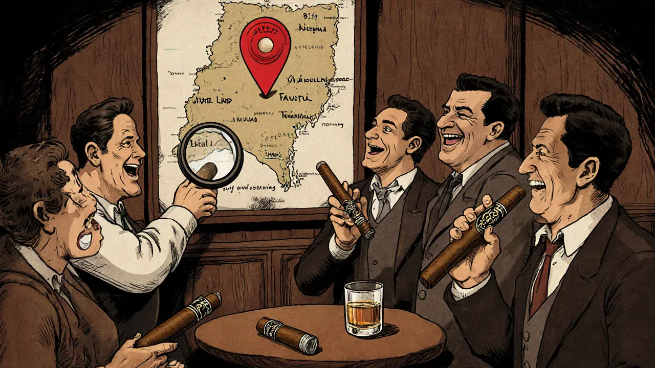 Cigar enthusiasts in a club gathered around a map of Nicaragua, holding Tatuaje cigars.