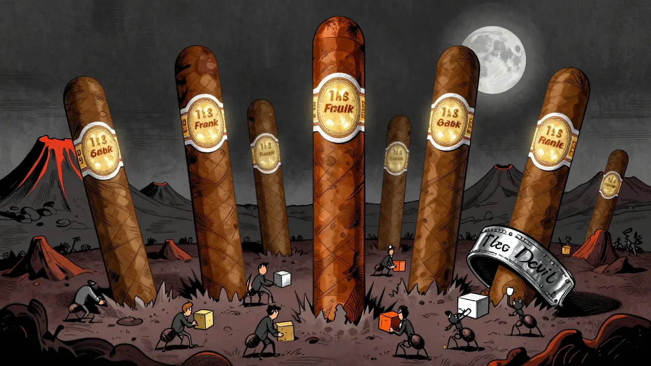 Giant Monster Series cigars rising from Nicaragua with 13s and 666 symbols glowing in the sky.
