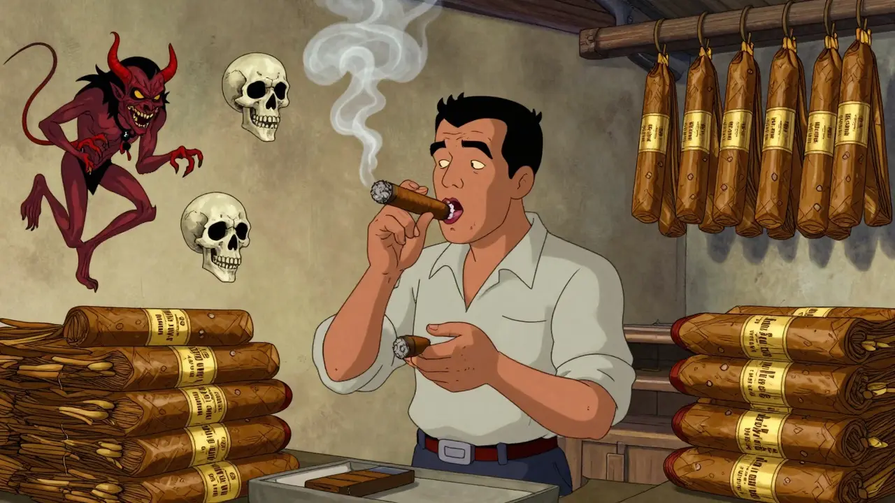 Pepin Garcia rolling a Tatuaje cigar in his factory with mystical labels floating above.