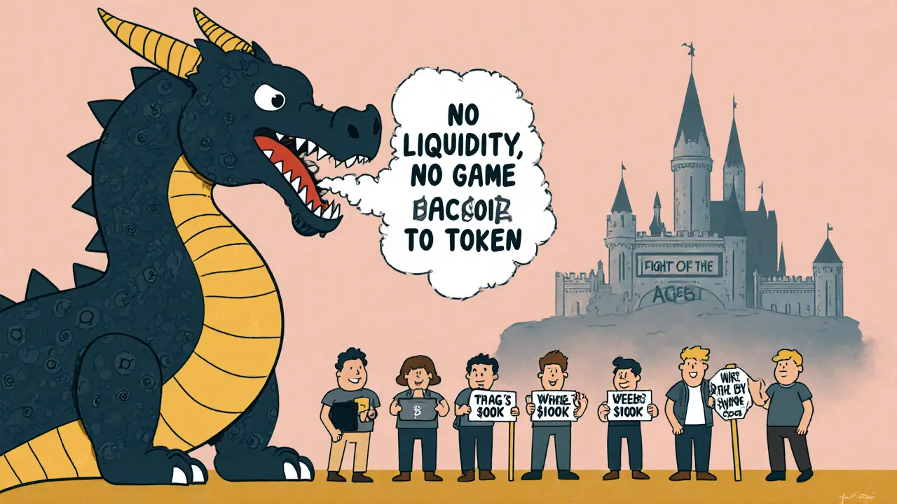 A blockchain dragon breathing smoke that says &#039;No Liquidity, No Game, No Tokens&#039; while players hold empty wallets.