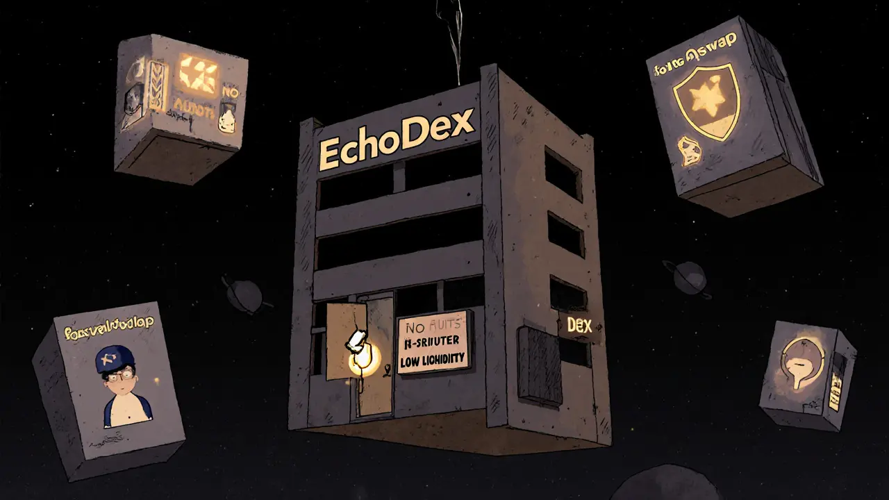 A hollow EchoDex building with no audits or support, floating alone while other DEXs thrive nearby.