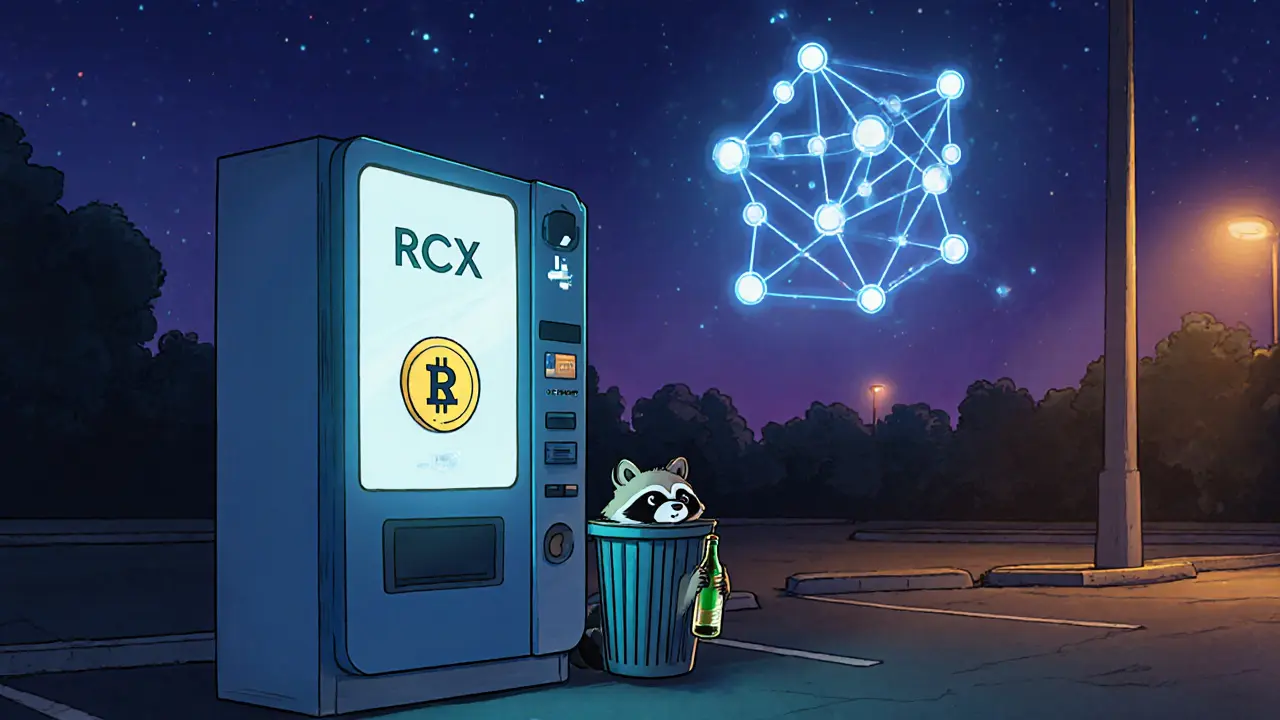 A lone recycling machine in a dark parking lot with a floating blockchain diagram and a curious raccoon watching.