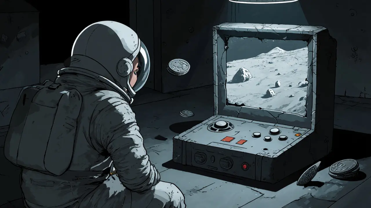 A lonely astronaut faces a broken game console in a dim, desolate digital space.