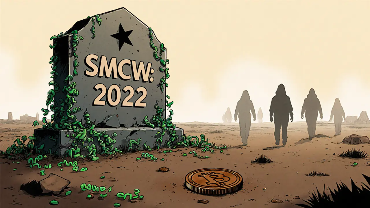 A ruined monument to SMCW lies abandoned in a digital wasteland with a rusted token.