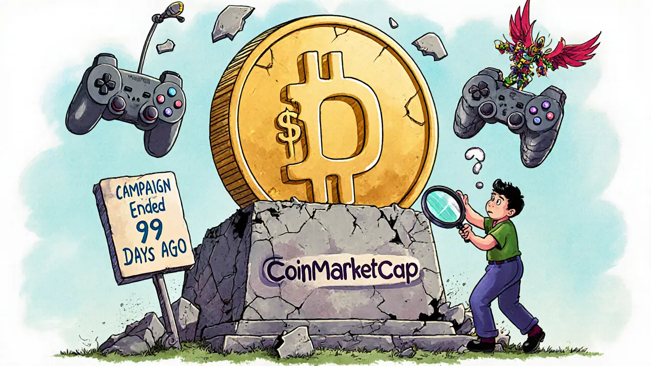 A <h2>Was There a $100,000 FOTA Airdrop?</h2> coin on a crumbling pedestal surrounded by broken game gear and a faded &#039;Campaign Ended&#039; sign.