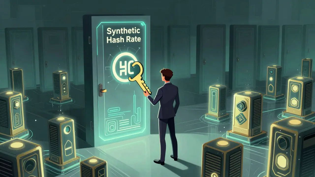 An adventurer stands before a massive digital door marked &#039;Synthetic Hash Rate,&#039; holding the HC key.