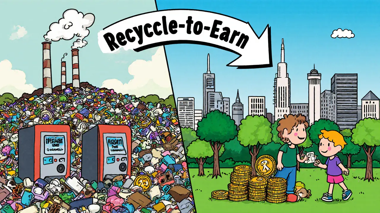 Split illustration showing a polluted landfill on one side and a clean, active recycling park on the other.