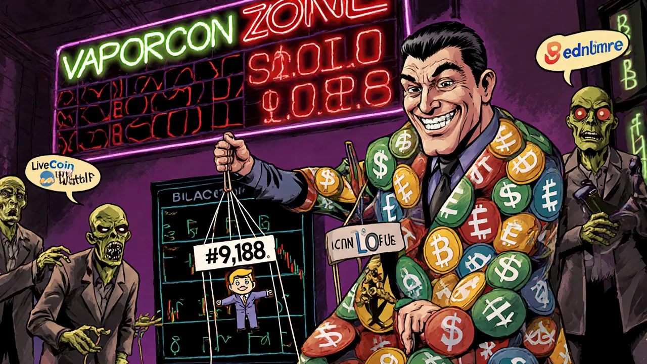 A con artist puppeteering a dead cryptocurrency while fake price trackers loom in the background.