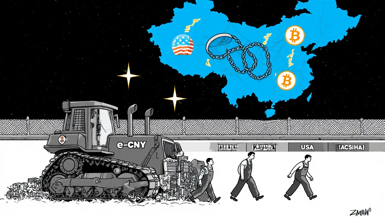 A government bulldozer crushing Bitcoin mining equipment as miners flee overseas.