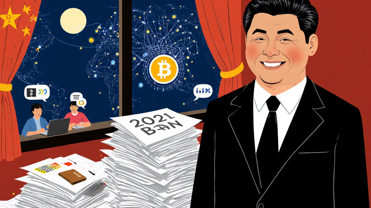 A government official stands over banned crypto documents while Bitcoin glows beyond China&#039;s borders.