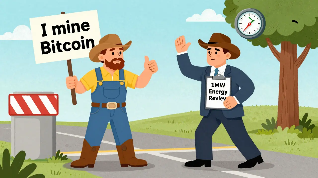 A miner at a state border facing different regulations from Texas, New York, and California officials.