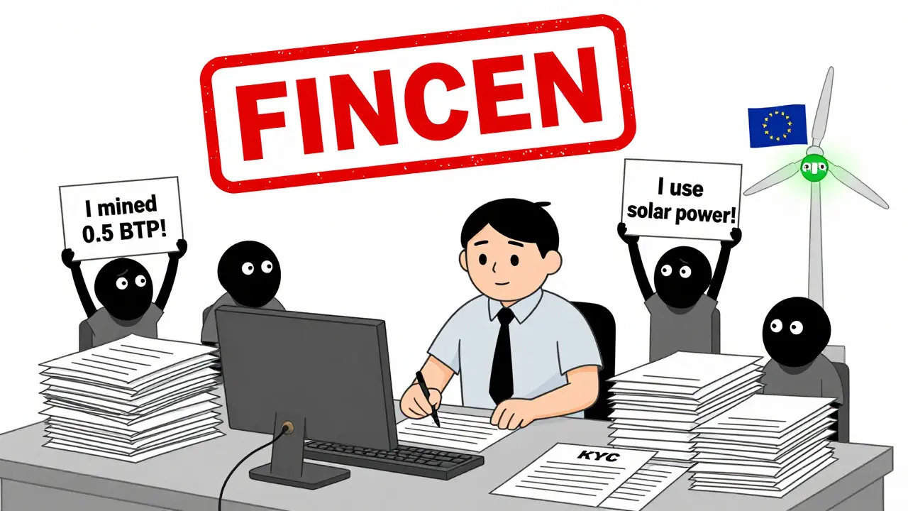 A mining pool operator managing KYC forms with cartoon miners and a FINCEN stamp overhead.
