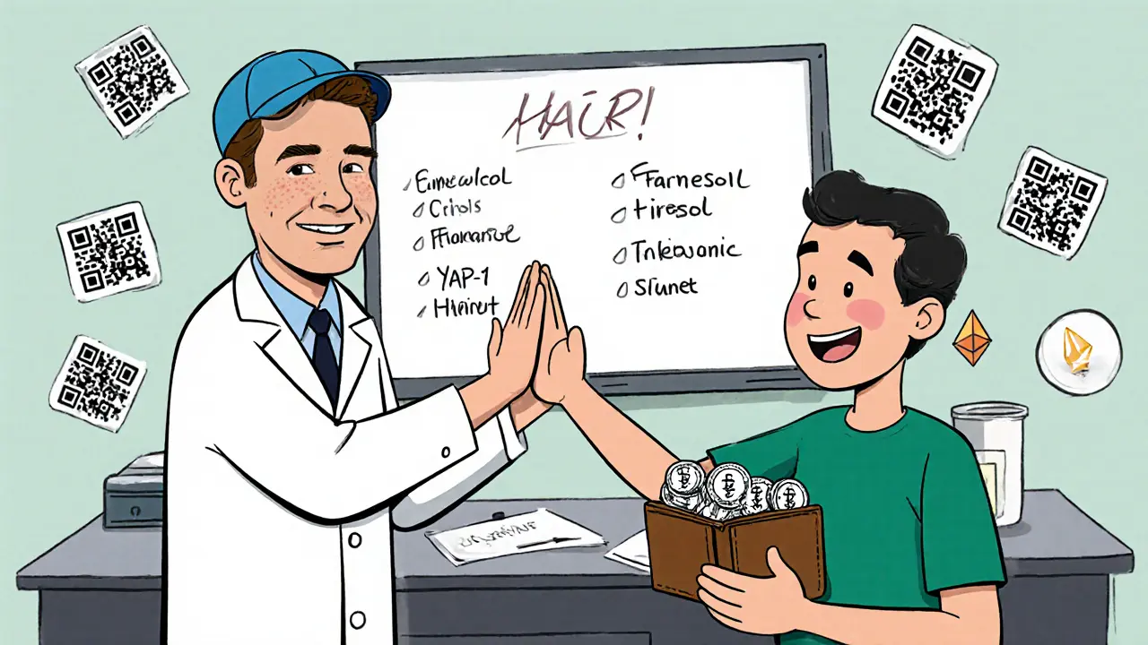 A scientist and patient high-five while studying hair loss research ideas on a doodle board.