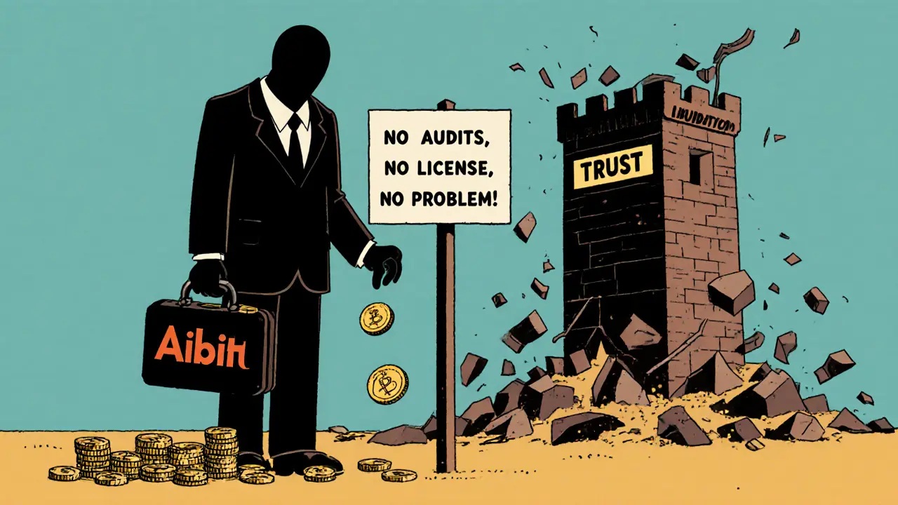 A shady figure holding disappearing coins beside a sign saying &#039;No Audits, No License&#039; as a trust tower crumbles.