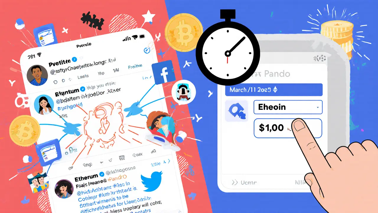 A Twitter feed and Ethereum wallet interface showing a quick ,000 airdrop claim with a countdown to March 10, 2025.