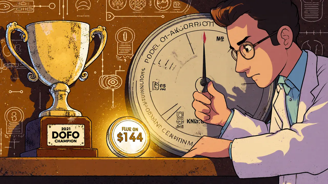 Abandoned DeFi trophy next to falling DODO token, with trader adjusting liquidity algorithm.