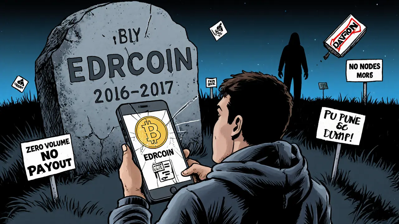 An investor misled by a fake EDRCoin ad, surrounded by warning signs of its dead network.