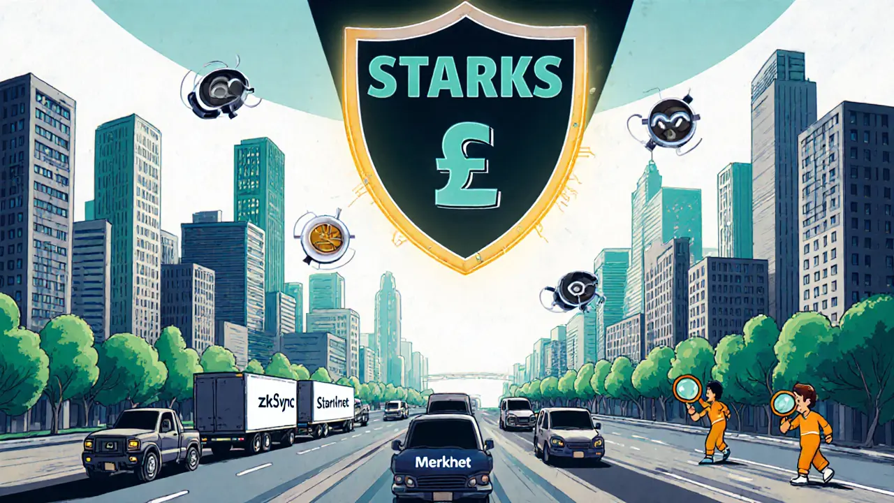 Futuristic city with ZK-rollup delivery trucks and quantum-resistant shield