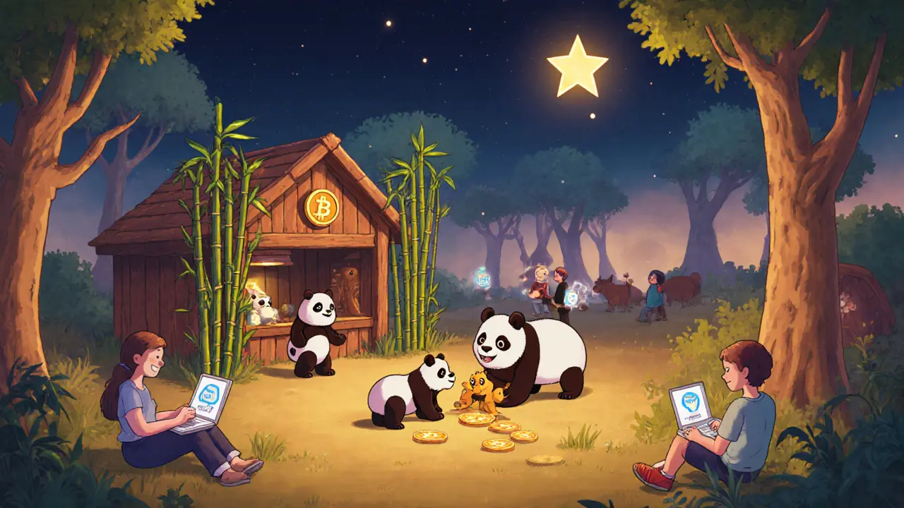Players interacting with pandas and NFT bamboo groves in a peaceful game world under a starry sky, no text or UI visible.