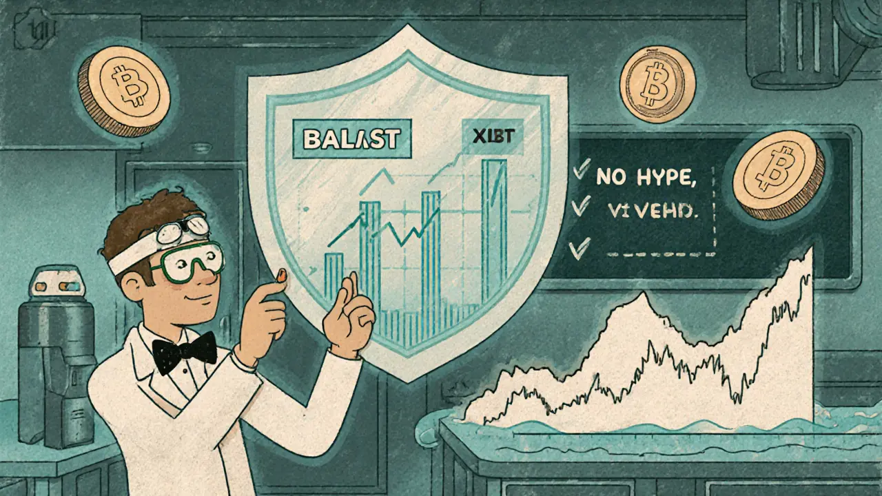 Retro-futuristic lab where scientists study holographic tokens labeled XNL and AIXBT under a &#039;Ballast&#039; shield.