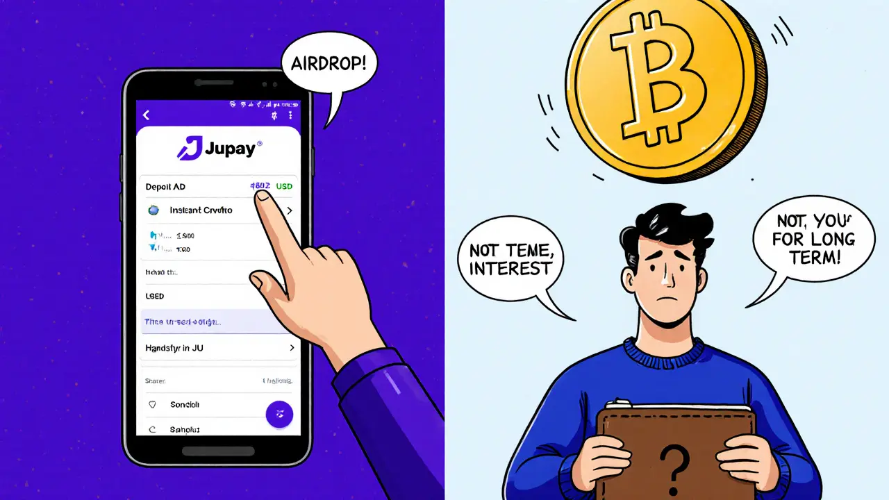 Split scene: user depositing USD via Jupay on left, HODLer holding hardware wallet on right with a question-mark JU token above.