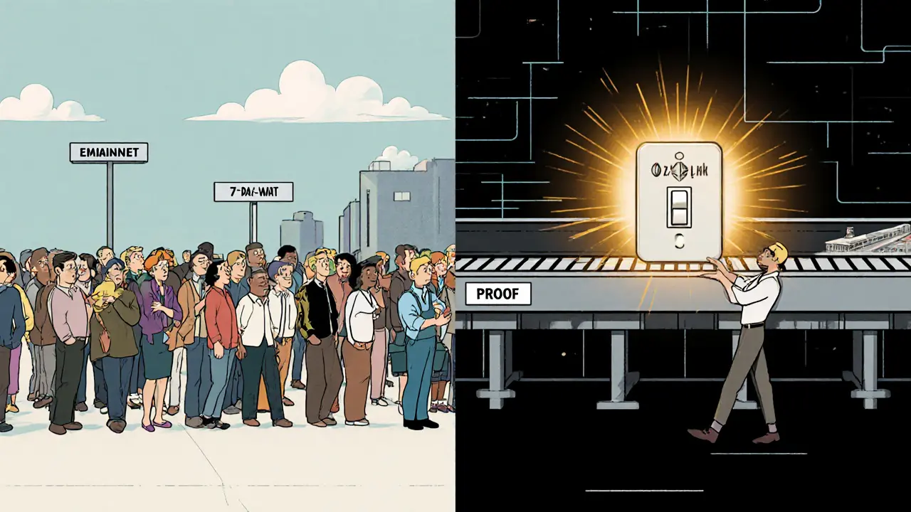 Split-screen: slow Ethereum line vs fast ZK-rollup conveyor belt