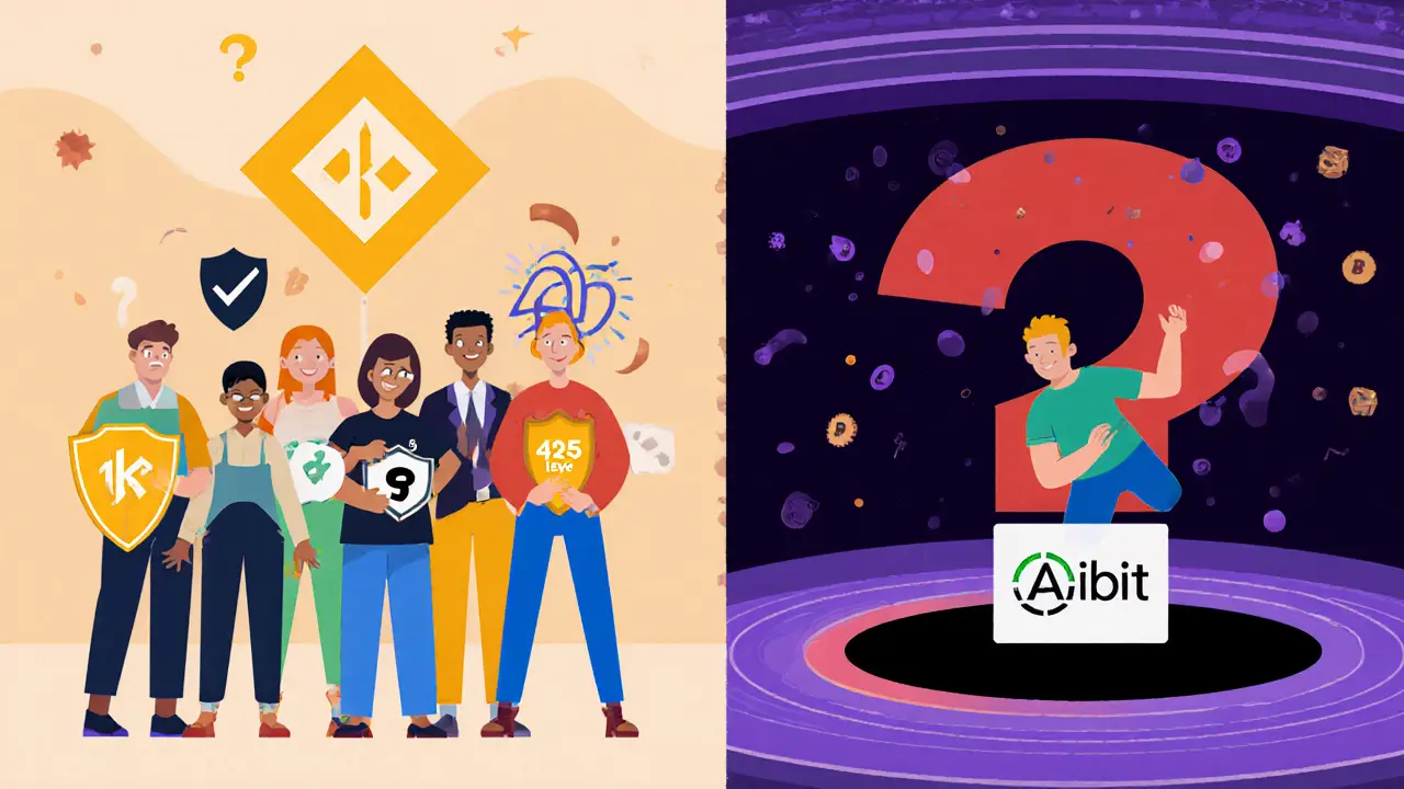 Traders on safe platforms contrasted with one being pulled into a black hole labeled &#039;Aibit&#039; with a question mark.