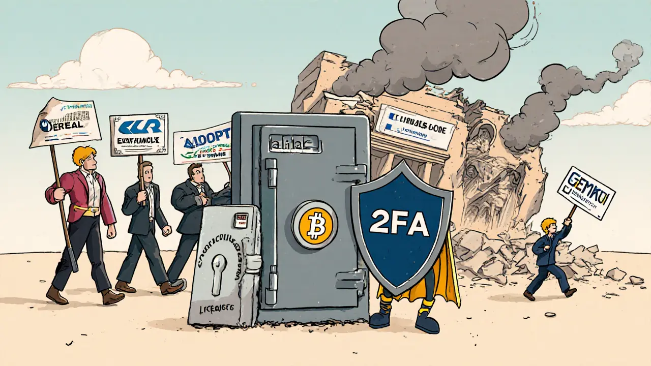 Trusted crypto exchanges march safely while GoodExchange collapses in ruins.