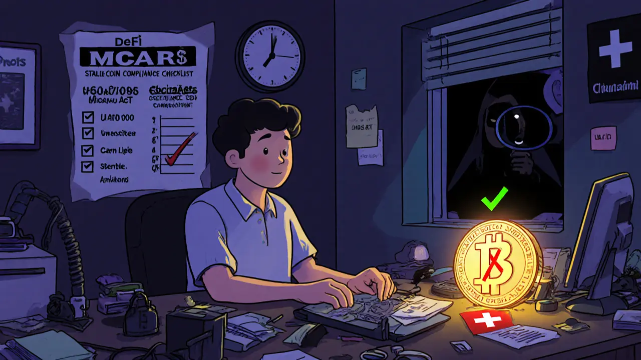 A developer at a desk with crypto compliance posters, a flagged stablecoin, and a watchful observer outside the window.