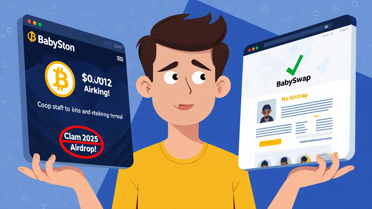 A user comparing two screens: one showing a fake BabySwap airdrop, the other the official site.