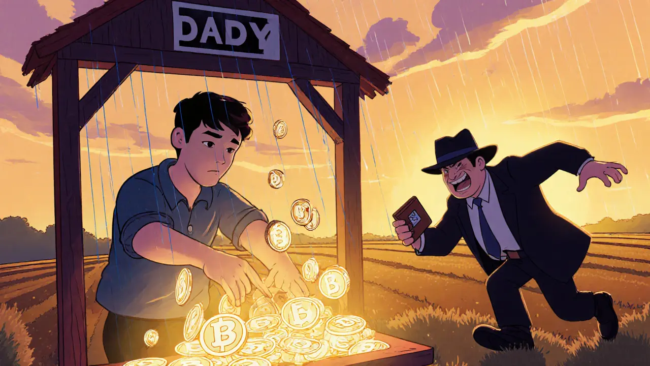 A user earning tokens by staking while a scammer tries to steal crypto in the background.