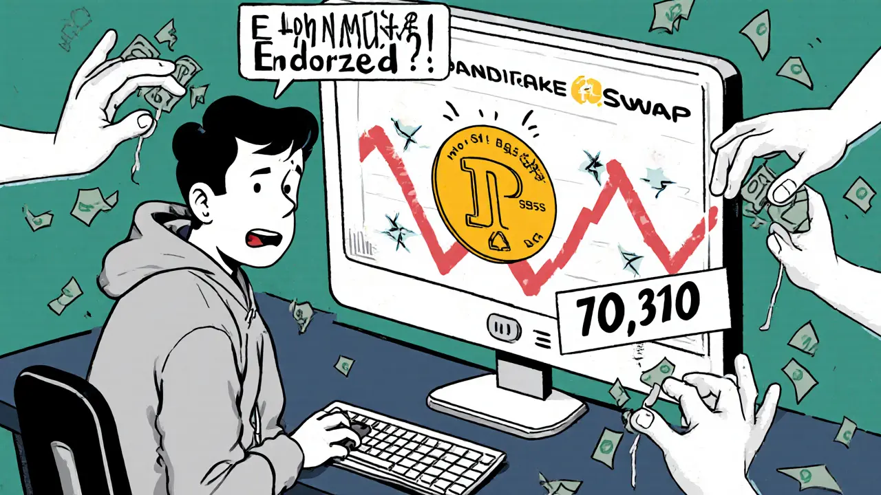 An investor watching his WOJ tokens vanish on PancakeSwap while ghostly hands steal his money.