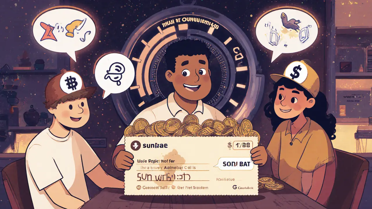 Animated Discord lounge called &#039;The Sundae Bar&#039; with users celebrating weekly token rewards.