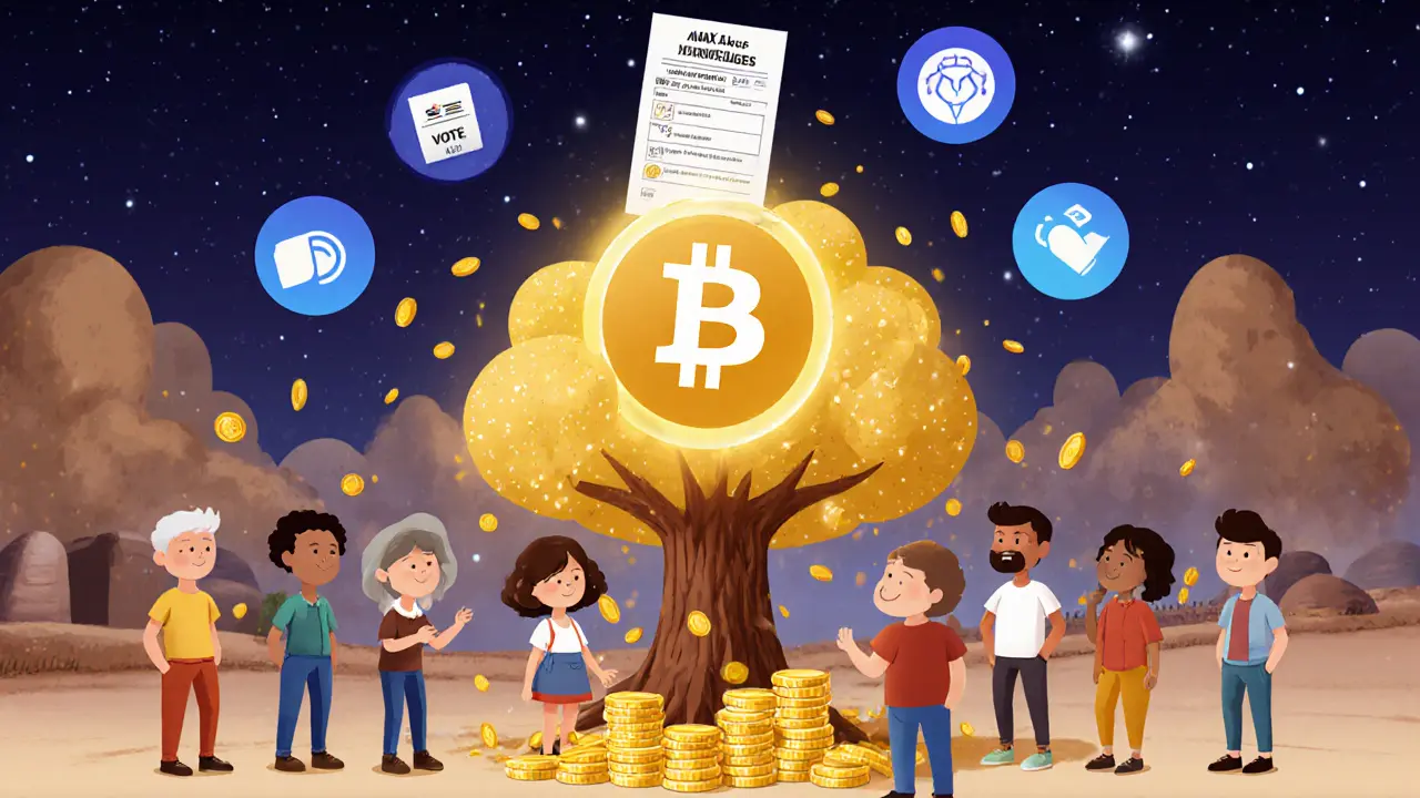 Community harvesting staking rewards from a glowing LFJ token tree with voting ballots floating above.