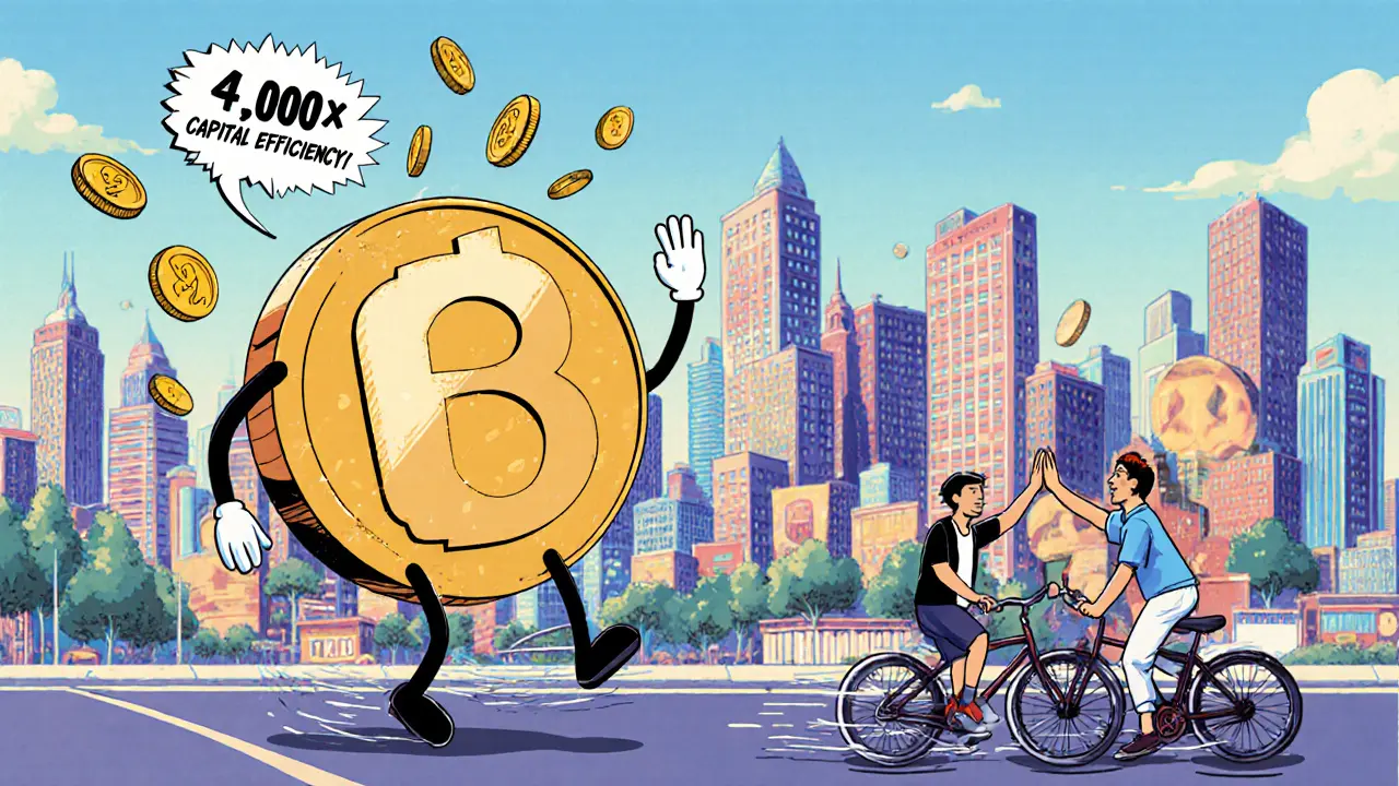 DeFi city with CAKE token characters giving rebates in retro cartoon style.