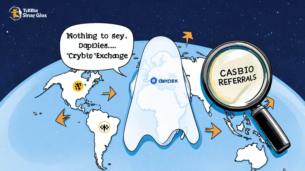 Ghostly Daybit Exchange mirage over a world map, with arrows pointing to trusted exchanges.