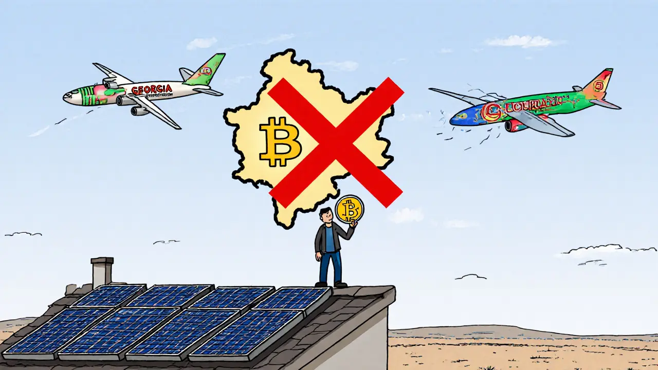 One person under a solar panel faces a giant X over Kosovo, miners fleeing to other countries in cartoon style.