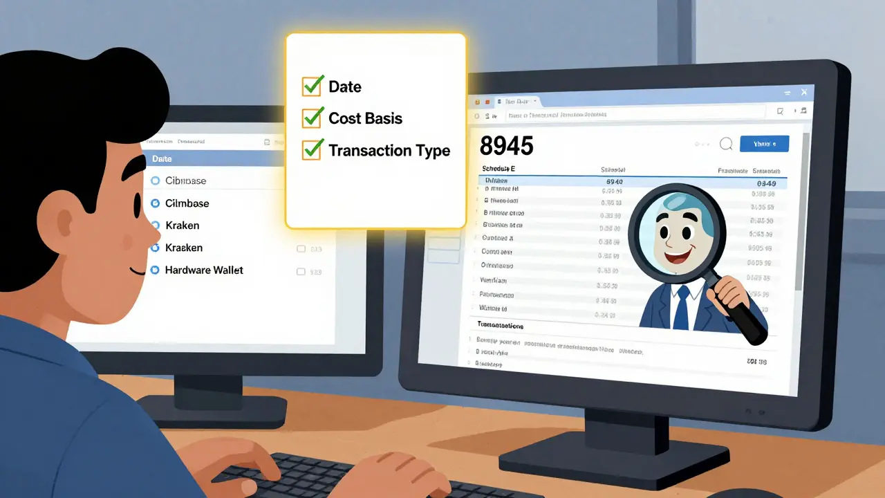 Person using crypto tax software with forms auto-filling, IRS agent watching through laptop.