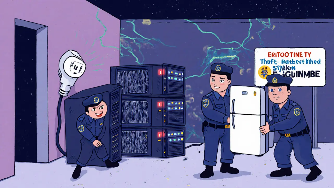 Police seize cartoonish bitcoin mining rigs hidden in a basement and school wall, UPA animation style.