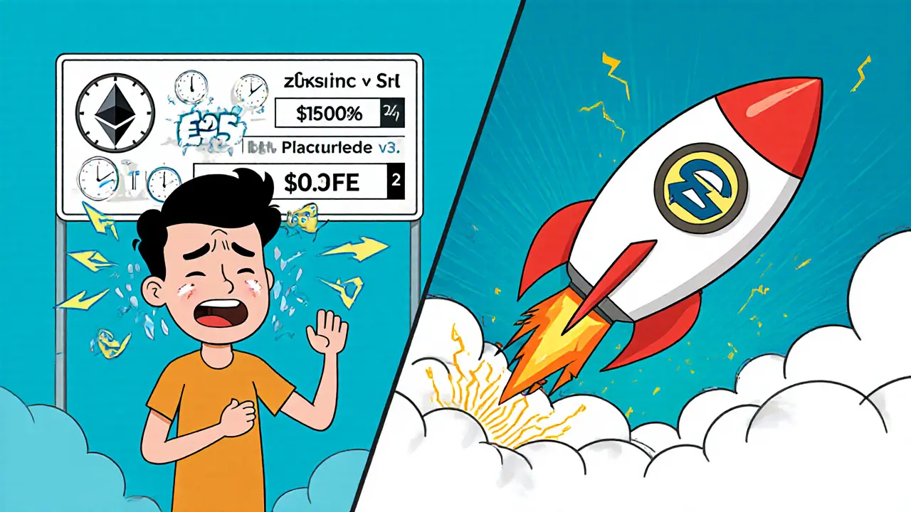 Split scene: frustrated trader on Ethereum vs. happy trader on fast zkSync Era.