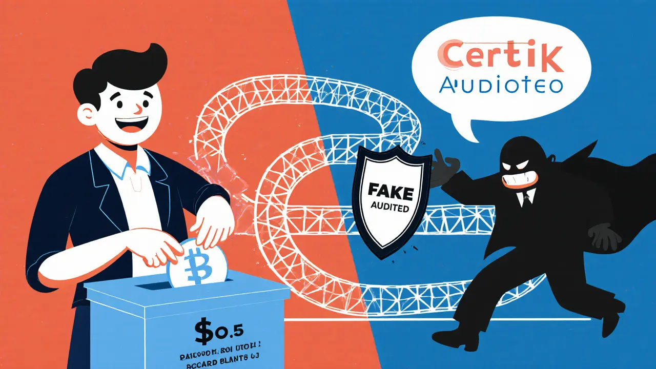 Split scene: happy trader using low-fee swap vs. scammer chased away by an audited shield.