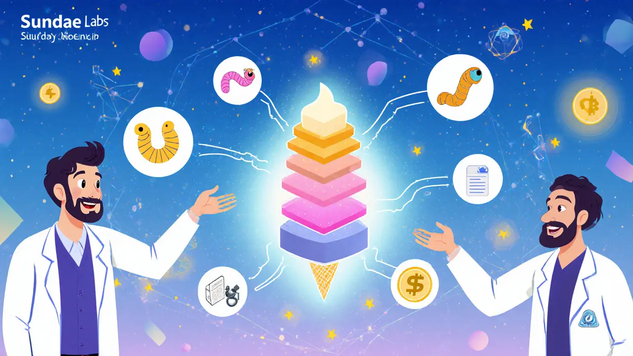 Sundae Labs ecosystem with tools like Gummiworm and Gastronomy branching from a central DEX.