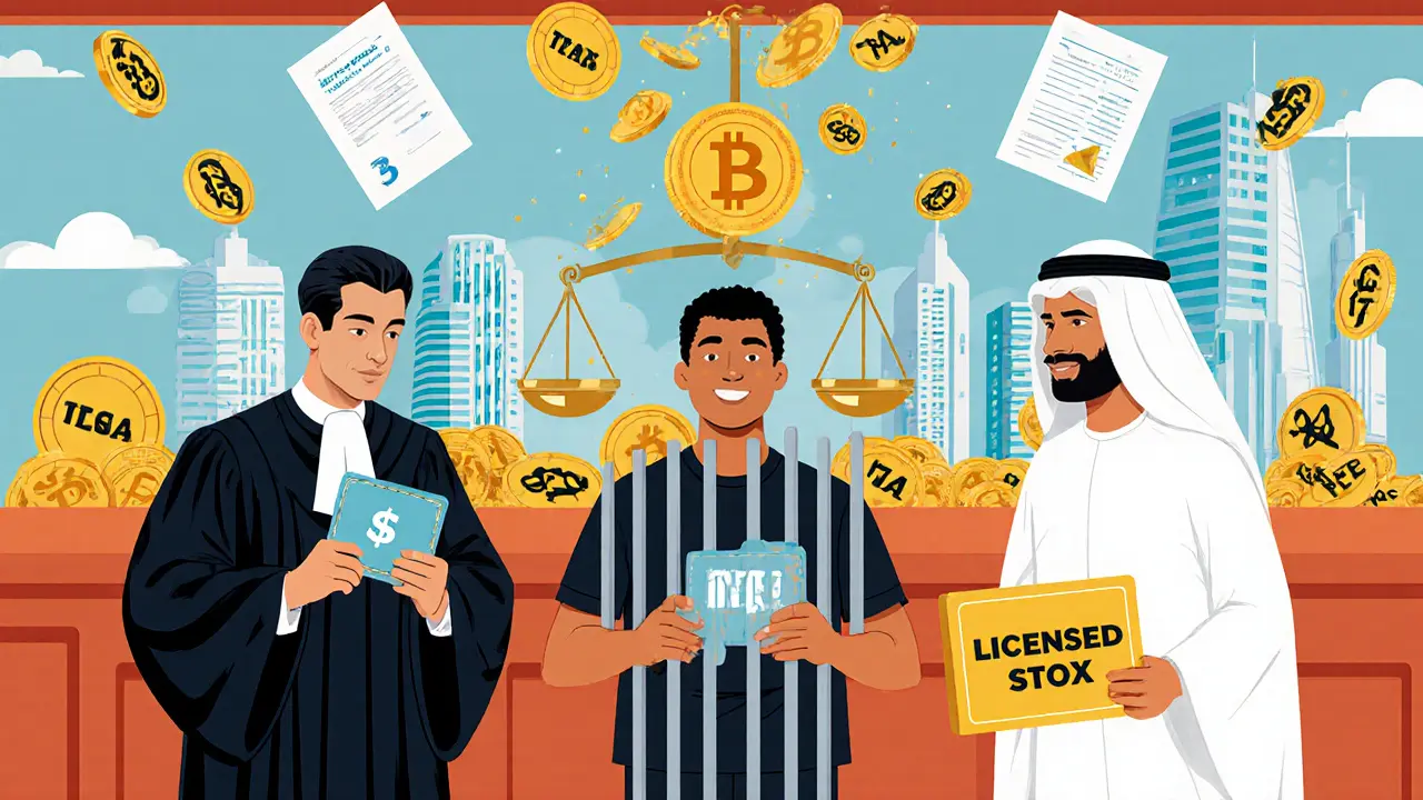 Three people in a courtroom: one fined, one arrested, one rewarded — with scales of justice balancing crypto and legal documents.