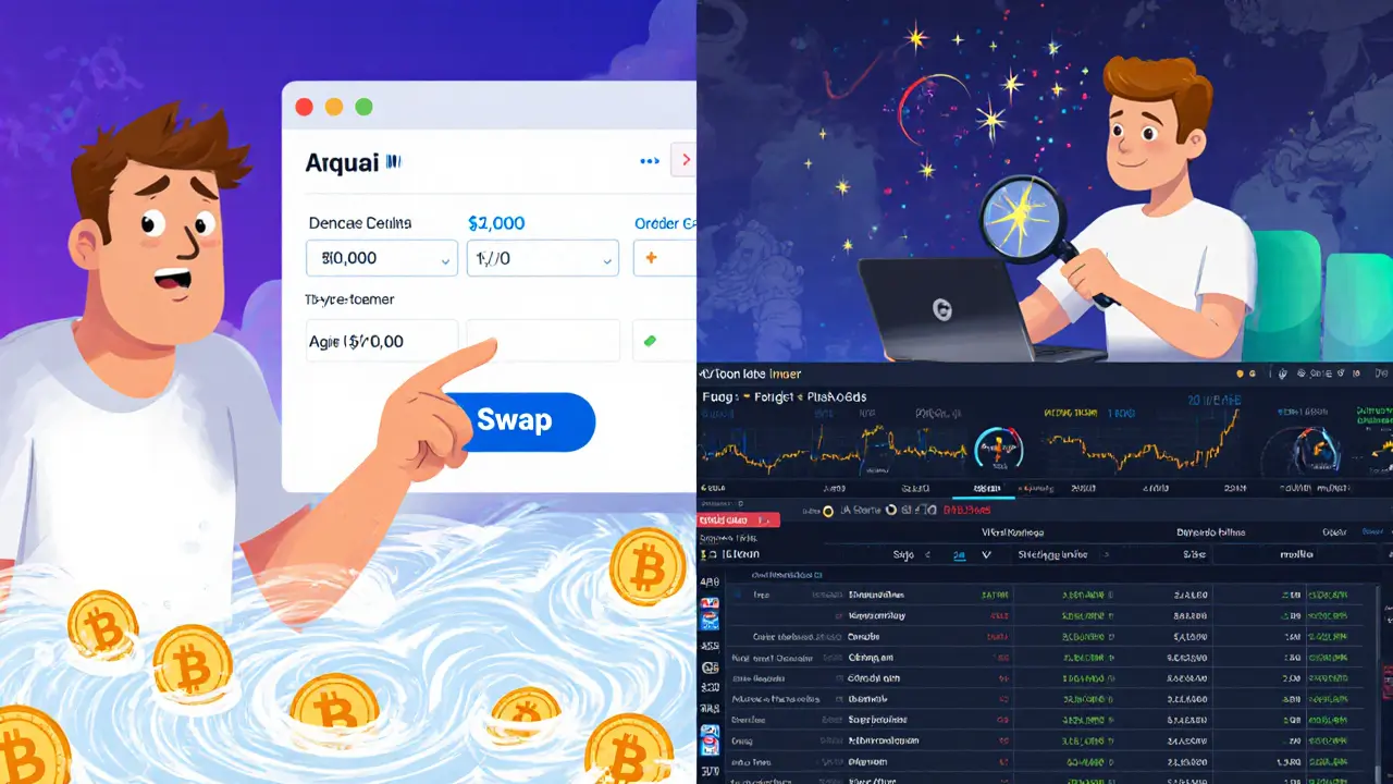 Trader choosing between simple AMM swap and detailed order book DEX interface