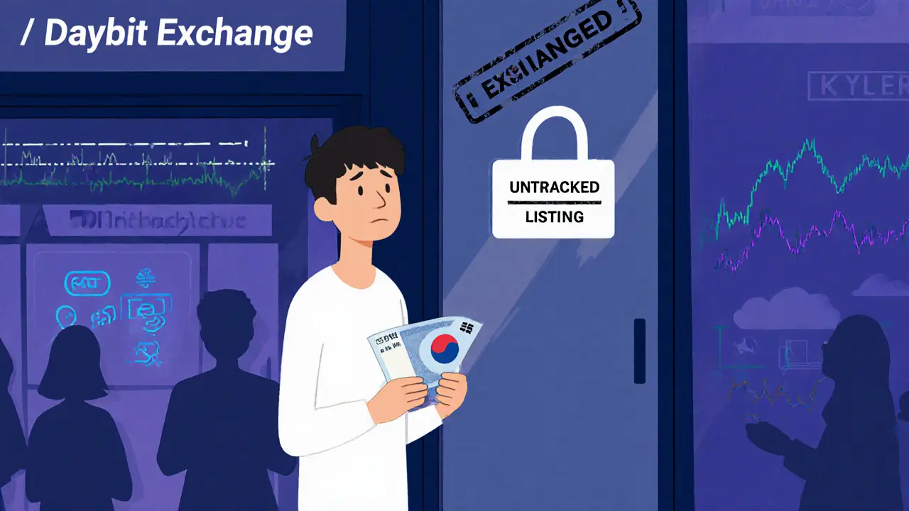 User holding Korean Won before a locked Daybit Exchange door with missing features visible inside.