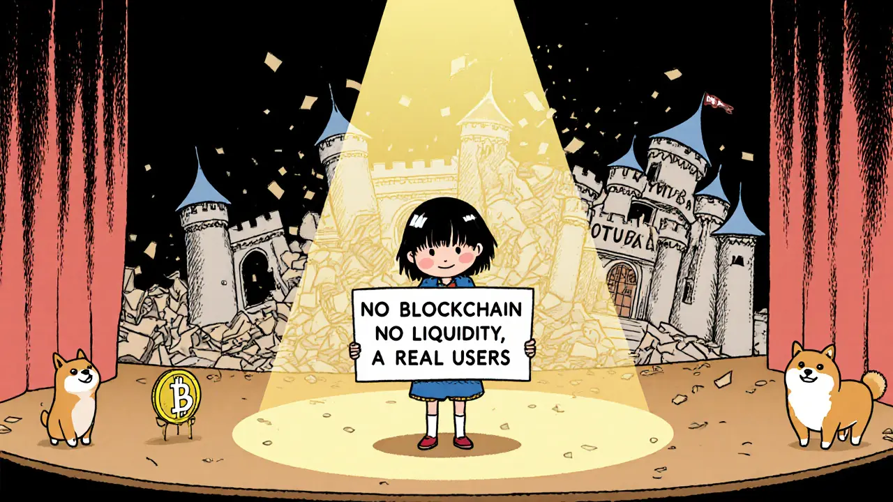 Yotsuba holding a sign while a fake crypto project crumbles behind her, cartoon illustration.
