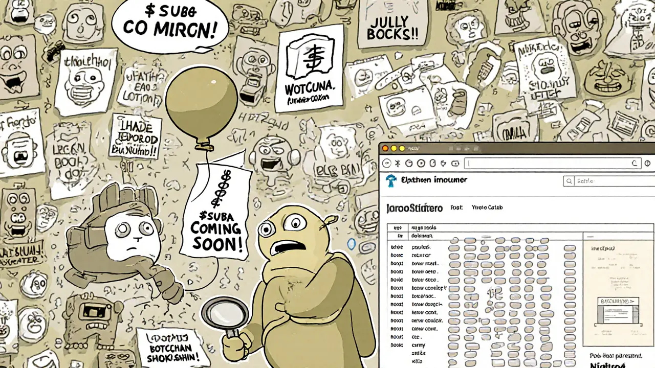 Yotsuba puzzled as bot accounts shout about a non-existent crypto token on a forum board.