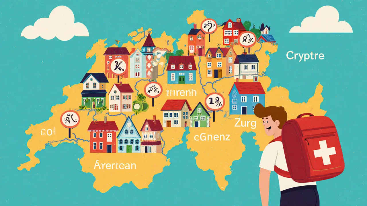 A cartoon map of Swiss cantons showing different crypto wealth tax rates, with an investor moving to a lower-tax canton.