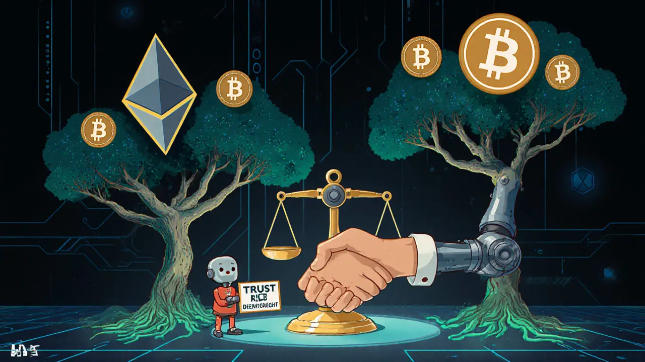 A futuristic system shows decentralized proof and human oversight shaking hands above a risk-liquidity scale.